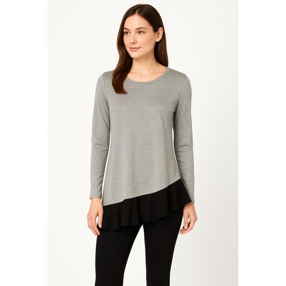 Fever Top Womens Small Gray Black Lace Long Sleeve Layered Ruffle Asymmetrical